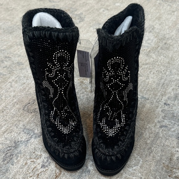 Mou brand- Black Suede Women's Boots with Rhinestone Detail - wedge heel inside - Picture 7 of 8